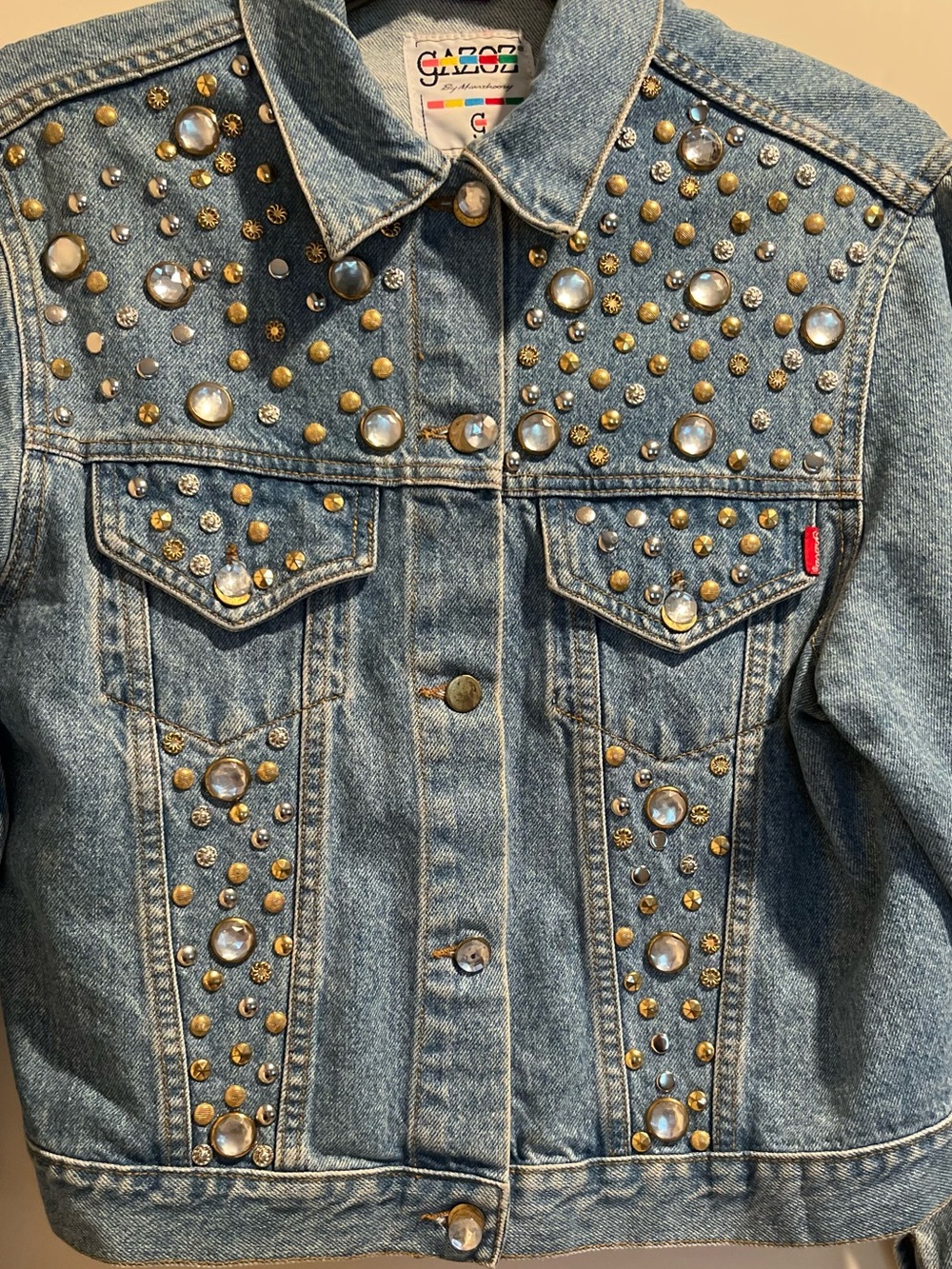 80’s BLING Gazoz Light Blue Denim Jacket with Gold Crystal Rhinestone Sparkles L